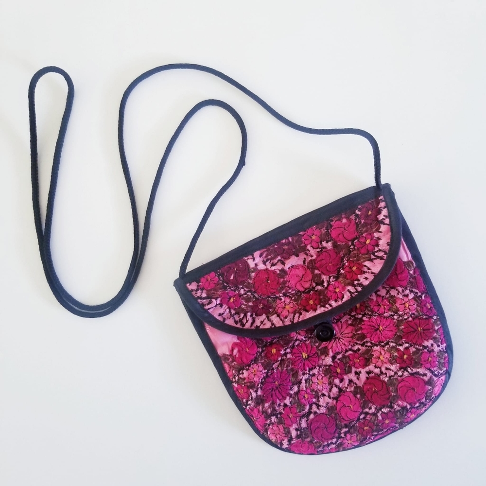 Embroidered Flowers Floral Pink Boho Hippie Chill Cloth Bag Purse Black Festival